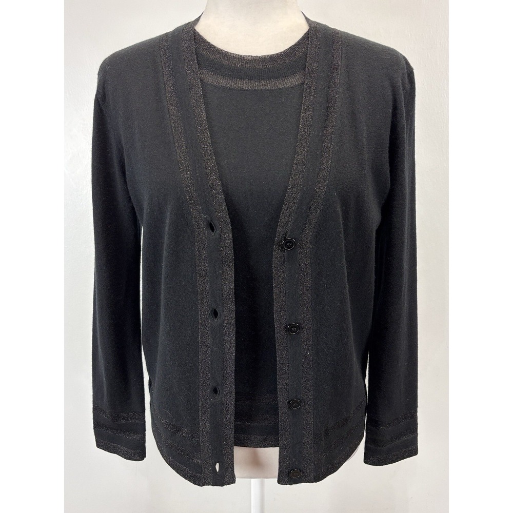 Bernard Zins Wool Cashmere Cardigan Sweater Twin Set Sz Medium Black Fine Knit